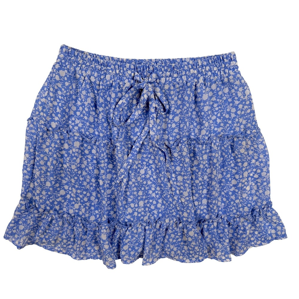 Sienna Sky Blue Floral Tiered Ruffle Mini Skirt‎ Size L Drawstring Waist